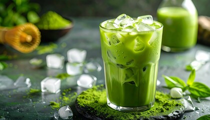 Iced matcha latte with fresh mint leaves and matcha powder on a dark surface.