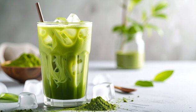 Iced matcha latte in a glass and ice cubes.