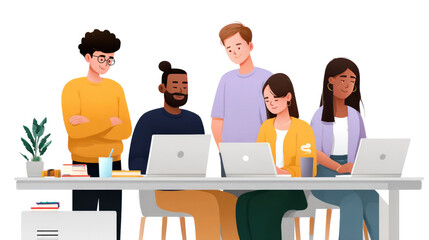 Digital Collaboration: A group of diverse individuals is gathered around a table, engaged in focused work on their laptops, representing a collaborative environment, the image focuses on teamwork.