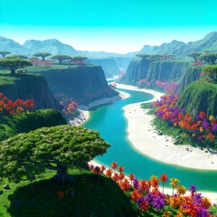 Obraz premium A stunning mountain landscape features a clear blue river flowing through a valley nestled between rocky cliffs and lush green forests. The sky is clear and bright, creating a serene and picturesque s