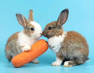 Two baby rabbits holding a carrot against a blue background
