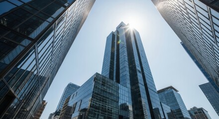 Obraz premium Low angle view of modern skyscrapers in the financial district under the sunlight in the city