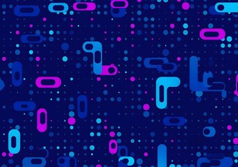 Abstract digital data stream with neon blue and pink geometric shapes on a dark blue background