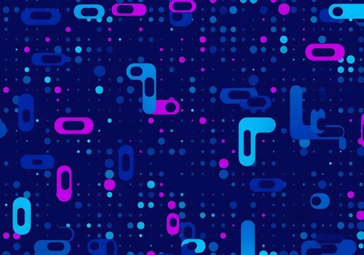 Abstract digital data stream with neon blue and pink geometric shapes on a dark blue background - Powered by Adobe