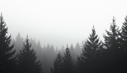 Obraz premium Silhouetted Evergreen Trees in Dense Fog