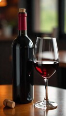 Close-up of a wine bottle, cork removed, with a wine glass beside it, ready for a tasting  Rich, deep red wine visible  Elegant setup on a wooden table ,  wood,  deep,  aroma