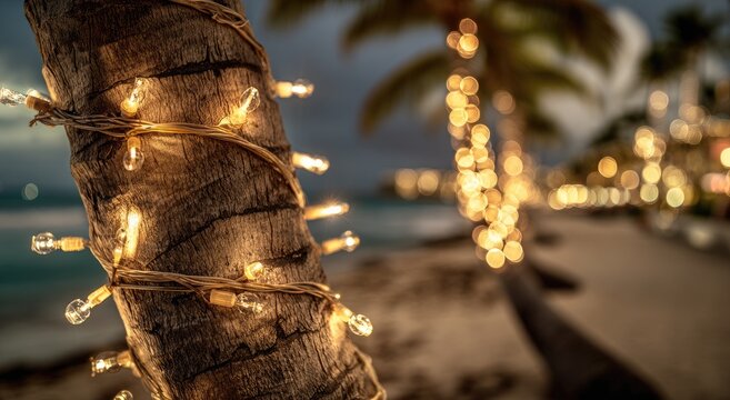Warm string lights wrapped around a palm tree trunk on a beach at twilight - Powered by Adobe
