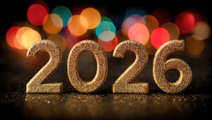 Golden 2026 numerals on a dark surface with blurred bokeh lights
