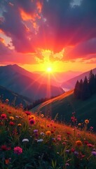 A vibrant sunrise over a tranquil landscape, symbolizing renewal and hope on a Sunday morning Perfect for themes of rebirth, spirituality, and fresh beginnings , sunday, nature, serene