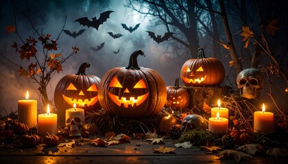 Halloween pumpkins with candles and bats in a spooky, foggy night scene.