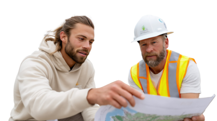 Building Collaboration: Two professionals meticulously review a detailed blueprint, embodying the collaborative spirit and technical precision inherent in construction and architectural planning.