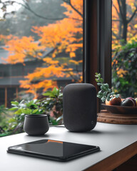 Smart speaker and tablet on desk by window with autumn view