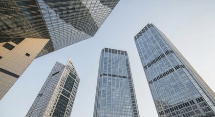 Naklejka premium Low angle view of modern skyscrapers in the financial district under the sunlight in the city