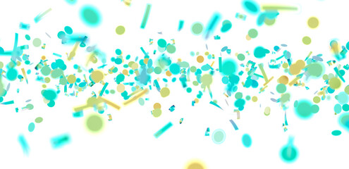 Bright teal and yellow confetti falling on white. Perfect for party invitations, celebrations, and festive designs.