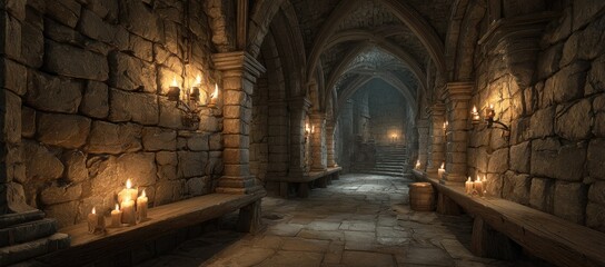 Stone archway corridor with candles and steps