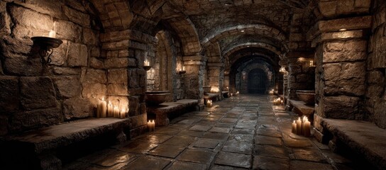 Stone corridor with candles and arched ceilings