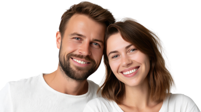 Genuine Smiles: A portrait of a cheerful, loving couple, radiating happiness and connection through their bright smiles and relaxed gaze, capturing a moment of genuine affection. - Powered by Adobe