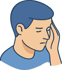 This is a flat vector illustration of a person holding their head with a pained expression, symbolizing a headache or migraine, with red lines indicating pain.