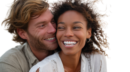 Blissful Bond: A smiling man and woman share a moment of intimacy, their genuine happiness radiating from their joyful expressions. Capture the beauty of their tender affection.