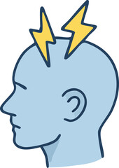 This is a flat vector illustration of a human head silhouette with yellow lightning bolts striking the top, symbolizing epilepsy, seizures, or abnormal brain activity.