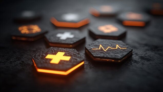 Hexagonal medical icons, glowing orange