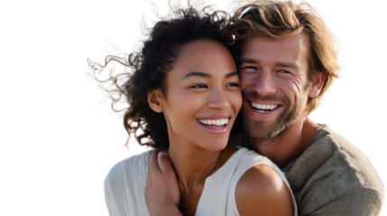 Embracing the Moment: An interracial couple shares a tender embrace, their radiant smiles capturing the essence of love, connection, and the sheer joy of companionship.