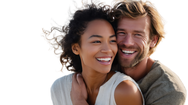 Embracing the Moment: An interracial couple shares a tender embrace, their radiant smiles capturing the essence of love, connection, and the sheer joy of companionship.