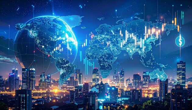 Global digital network over cityscape with financial charts and data visualization.