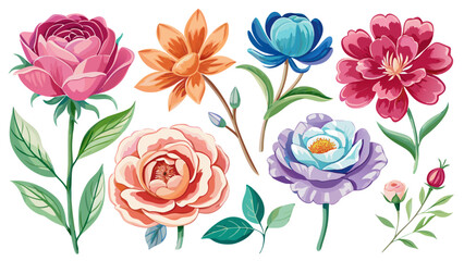 Vector art of watercolor floral set with various flowers and leaves, perfect for wedding invitations and greeting cards