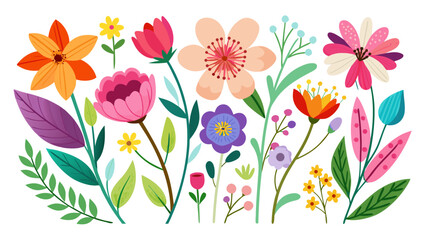 Vector art of a colorful and decorative floral arrangement with various flowers and leaves, perfect for spring and summer designs