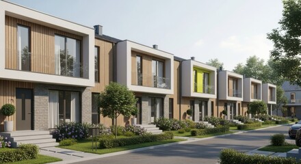 Fototapeta premium Row of modern townhouses with wood and white facades, showcasing contemporary residential architecture in an urban neighborhood