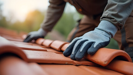 Fototapeta premium Close-up of skilled roofer setting terracotta tiles on sloped roof