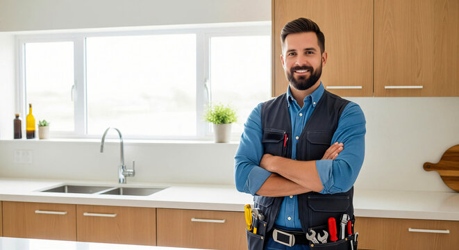 Confident Plumber in Modern Kitchen: Home Repair Services - Powered by Adobe