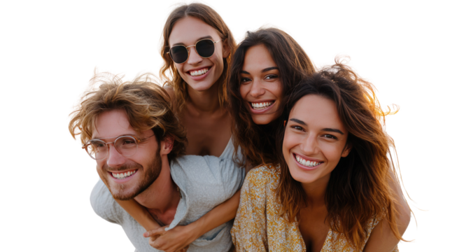 Warm Smiles and Shared Moments: A close-knit group of friends radiate joy as they gather together, capturing the essence of togetherness and shared happiness. - Powered by Adobe