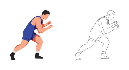 Wrestler Ready to Fight in Color and Outline Illustration
