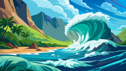 Vector art of a stunning tropical island scene with a powerful wave breaking near the shore, featuring palm trees, mountains, and a clear blue sky