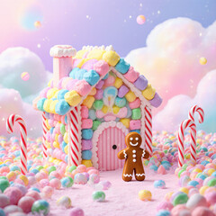 Obraz premium Colorful candyland gingerbread house with pastel candy decorations, candy cane columns, and smiling gingerbread figure, surrounded by fluffy clouds and sweet candy landscape
