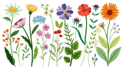 Fototapeta premium Vector art of a vibrant floral set featuring a variety of colorful flowers, leaves, and branches, ideal for spring and summer designs and decorations