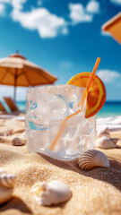 Ice cube relaxing on a beach, melting under the sun, humorous concept