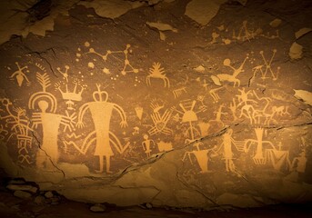 Ancient petroglyphs on rock wall depicting native american culture art