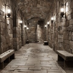 Stone corridor with wall sconces and benches