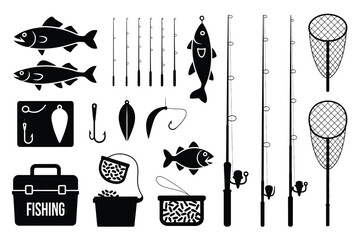 Vector art of fishing equipment and accessories vector icons for fishing sport, hobby, recreation, and outdoor activities