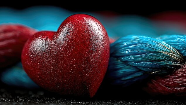 Close-up of a red wooden heart next to blue rope