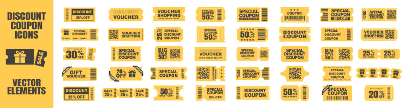 Coupon card set, gift vouchers and discount certificate. Promotion sale coupon mockup design with discounts and percent on transparent background