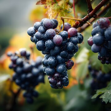 Ripe dark grapes hanging on vine in vineyard ready for harvest autumn season