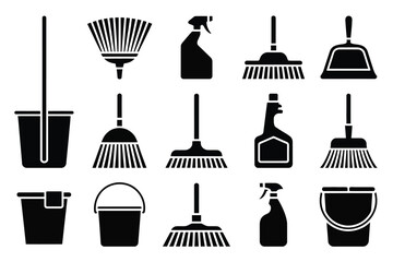 Vector art of collection of cleaning tools for housework and domestic chores, including brooms, mops, buckets, sprays, and dustpans