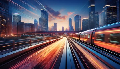 Fototapeta premium urban china cityscape at dusk with a speeding train blurring through traffic and city lights
