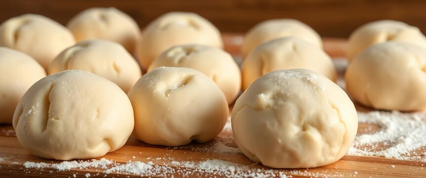 Soft, pillowy fresh yeast dough balls ready to bake, bread making, wheat - Powered by Adobe