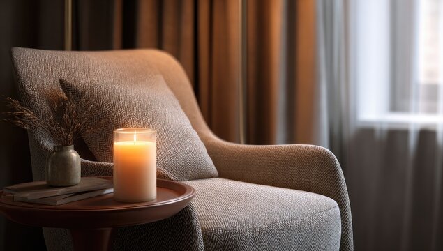 A warm, inviting armchair in a dimly lit room.  A candle sits on a small table, casting a gentle glow
