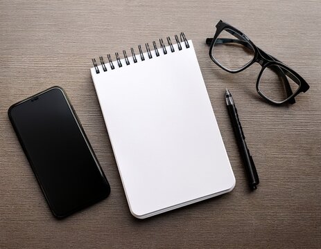 blank notepad smartphone eyeglasses on a desk flat lay